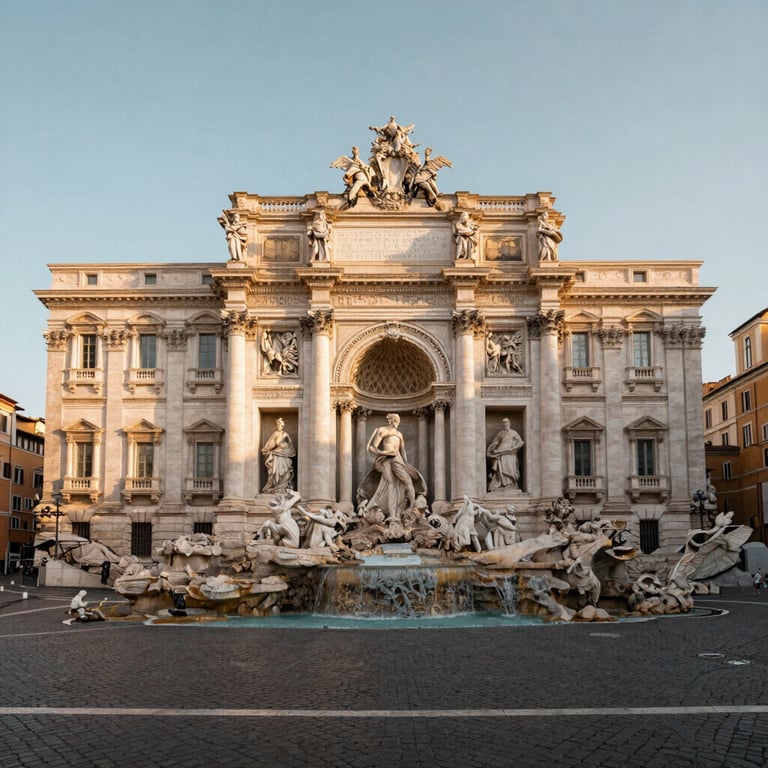 The historical architecture of a plaza in Rome, Italy, captured in early morning light with a professional atmosphere. International / European & North American style.