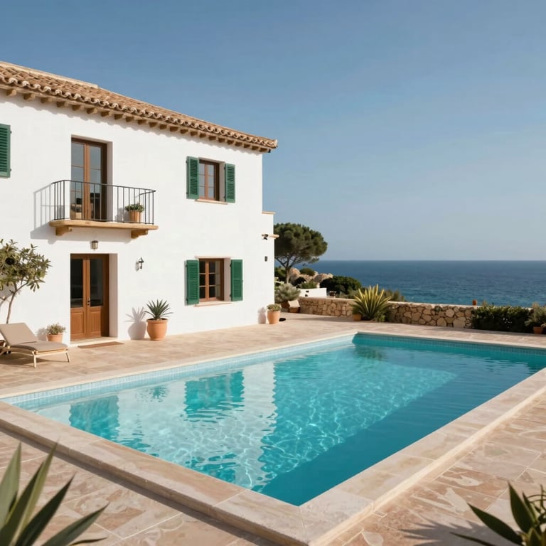 A serene view of a luxury rental villa in Menorca, Spain, with whitewashed walls and a turquoise pool overlooking the Mediterranean. International / European & North American style.