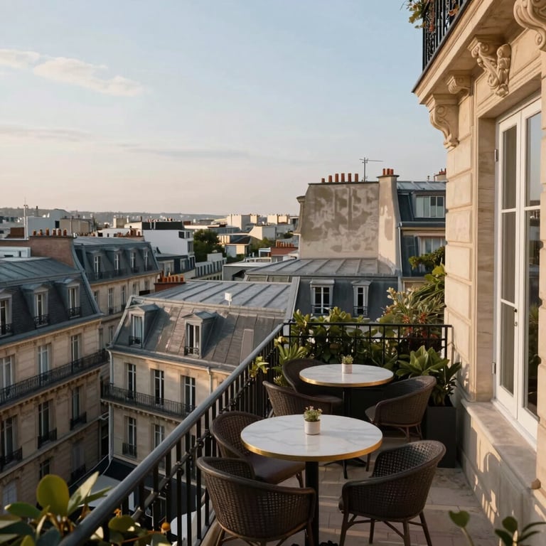 A picturesque terrace of a boutique hotel in Paris, France, with view of classic Parisian rooftops under a soft sky. International / European & North American style.