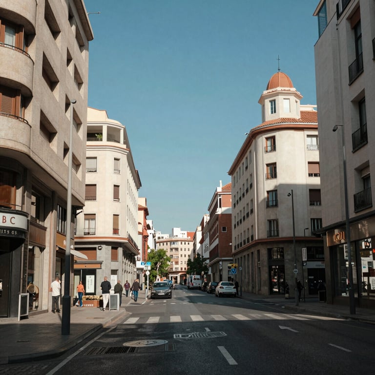 A wide shot of a bustling, sunlit street in Madrid, Spain, showcasing modern architecture and clean urban design. International / European & North American style.