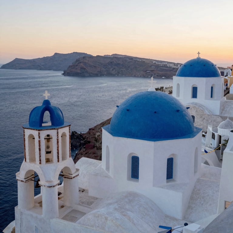 Iconic blue-domed churches and white buildings of Santorini, Greece, overlooking the deep blue sea at sunset. International / European & North American style.