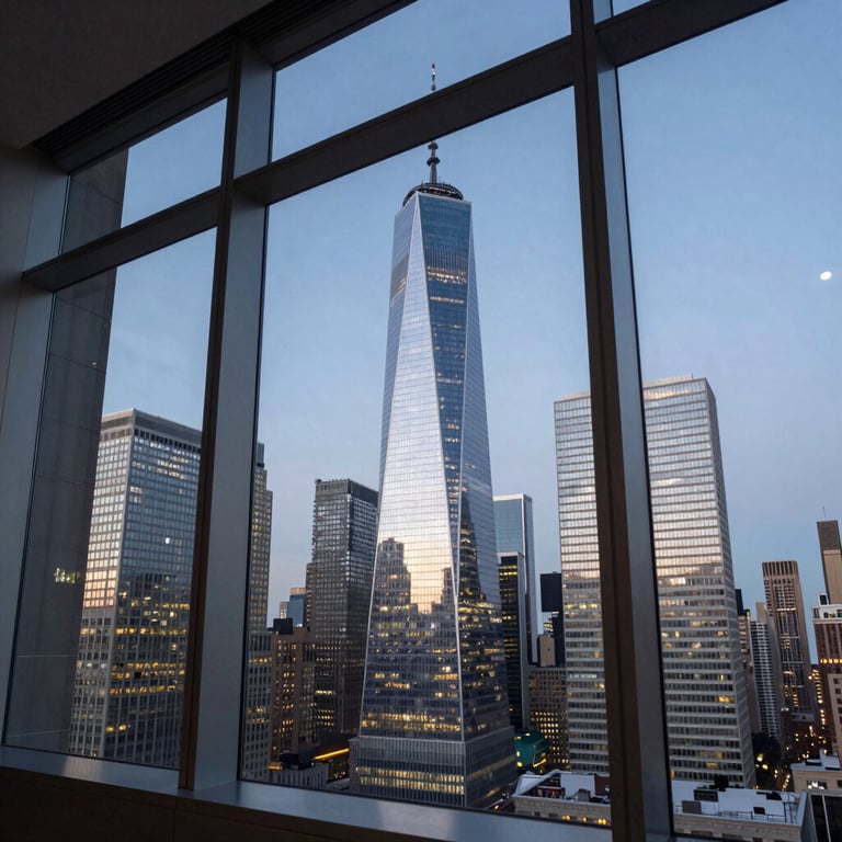 A dramatic evening shot of the New York City skyline as seen through the glass windows of a sleek, modern corporate office. International / European & North American style.