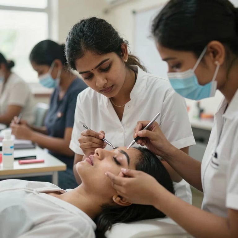 A training session for beauticians in a bright South Asian classroom. Professional environment, soft lighting, focus on body care techniques and makeup.