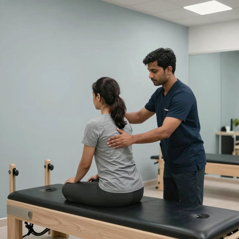 A modern physiotherapy center in a South Asian clinic. A consultant assisting a client near a light blue-gray exercise wall in a professional setting.