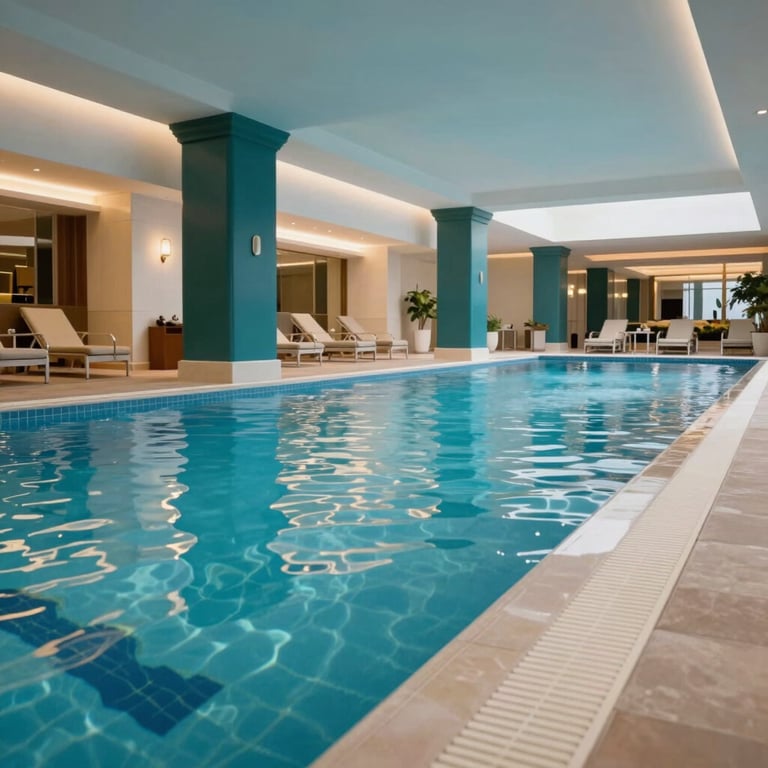 An indoor swimming pool with crystal clear water in a luxury South Asian health club. Soft white tile surrounds, dark teal architectural pillars.