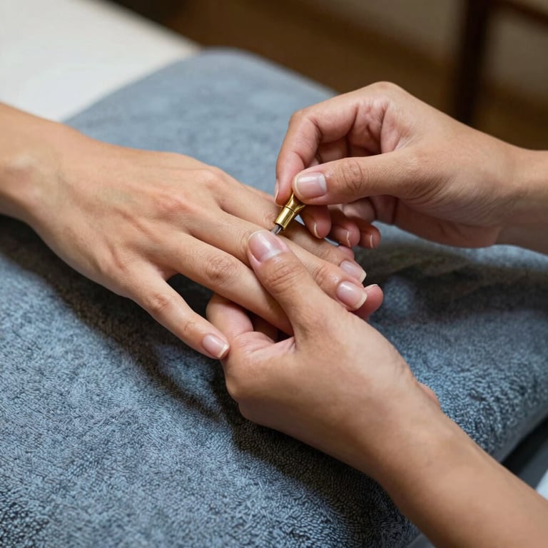 Close-up of a luxurious manicure service in a South Asian spa. Elegant hands, soft blue-gray towels, serene and sophisticated atmosphere.