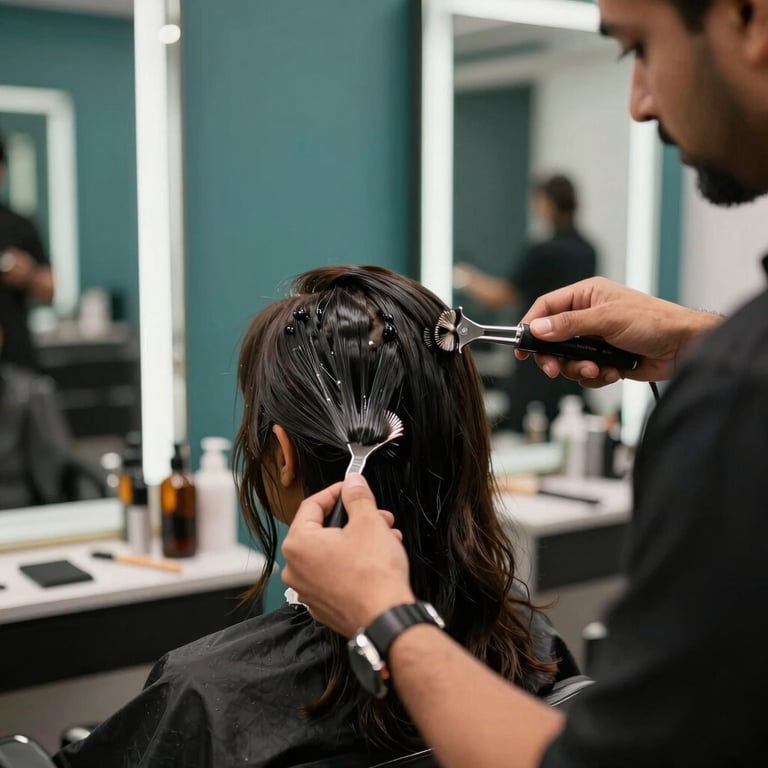 A professional hair coloring session in a high-end South Asian salon. Stylist using professional tools, sophisticated medium teal mirrors in the background.