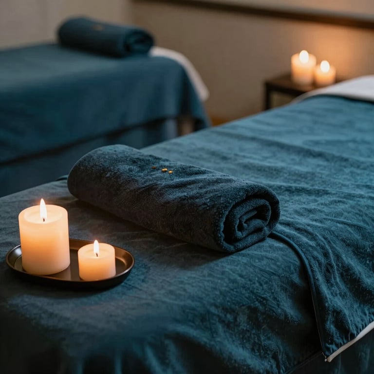 A tranquil massage parlor in a South Asian health center. Warm soft-white candles, dark teal linens, serene and luxurious photography.