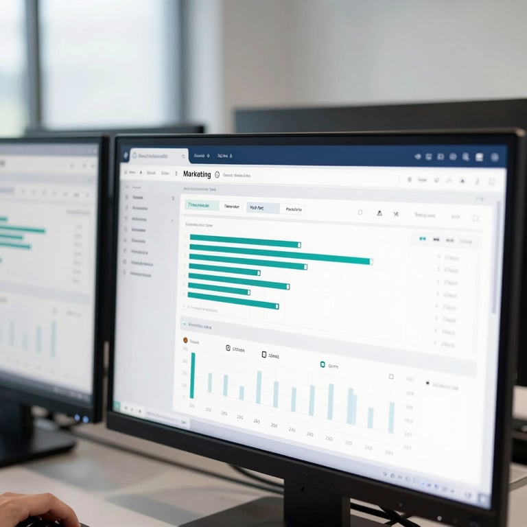 Close-up of a digital marketing strategist analyzing real-time conversion data on clean dashboard screens in a modern corporate workspace, cool tones
