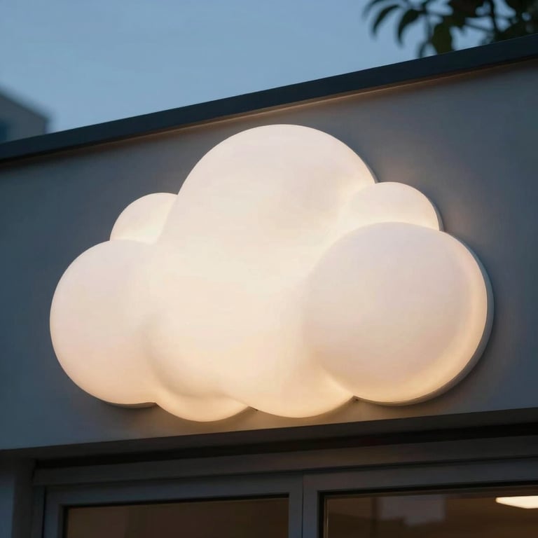 A light-up outdoor sign for a business, glowing with soft Cloud White light at dusk.