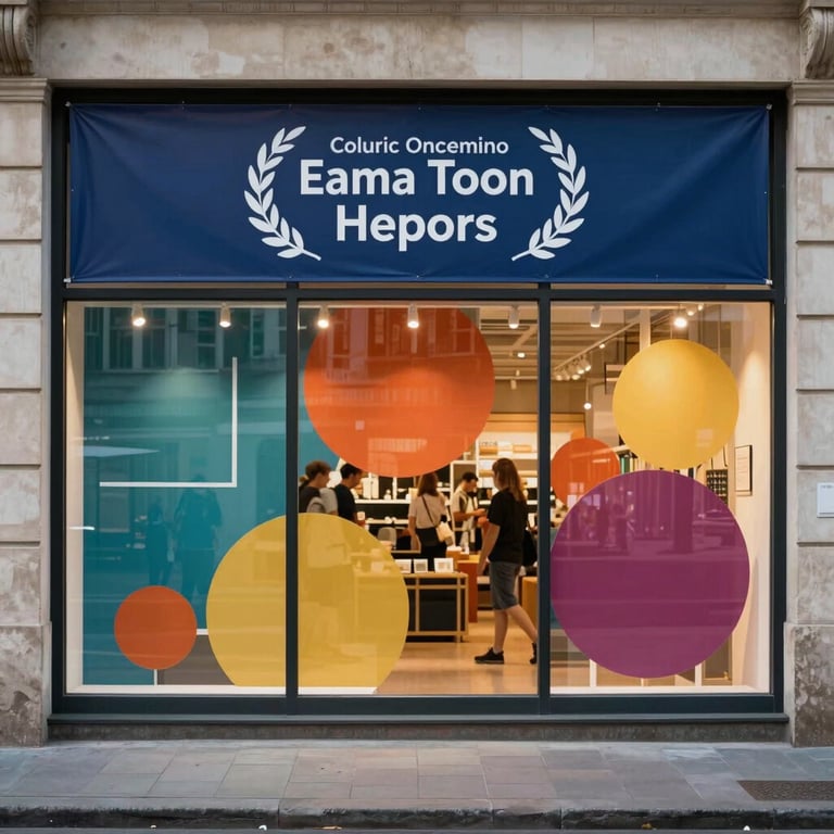 A wide-angle shot of a store front featuring vibrant window graphics and a custom banner.