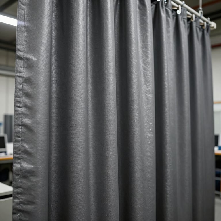 Industrial metallic curtains in Charcoal Gray being tested in a professional workshop.