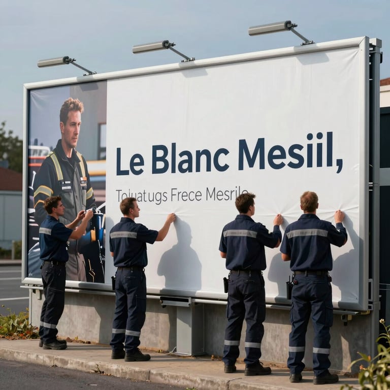 A team of professionals in uniform installing a large format billboard in Le Blanc Mesnil.