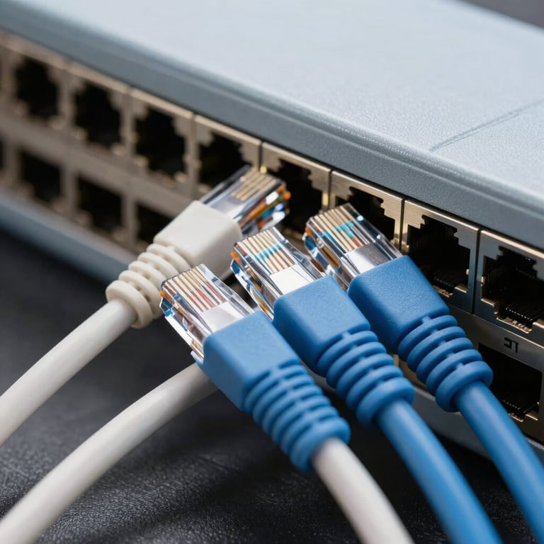 Detailed shot of Ice White and Sky Blue Ethernet cables plugged into a high-speed network switch.