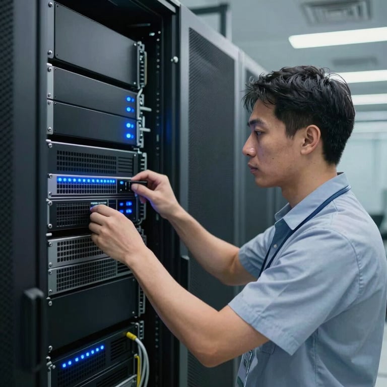 A technician in professional attire configuring a server rack in a modern Global data center with blue status lights.