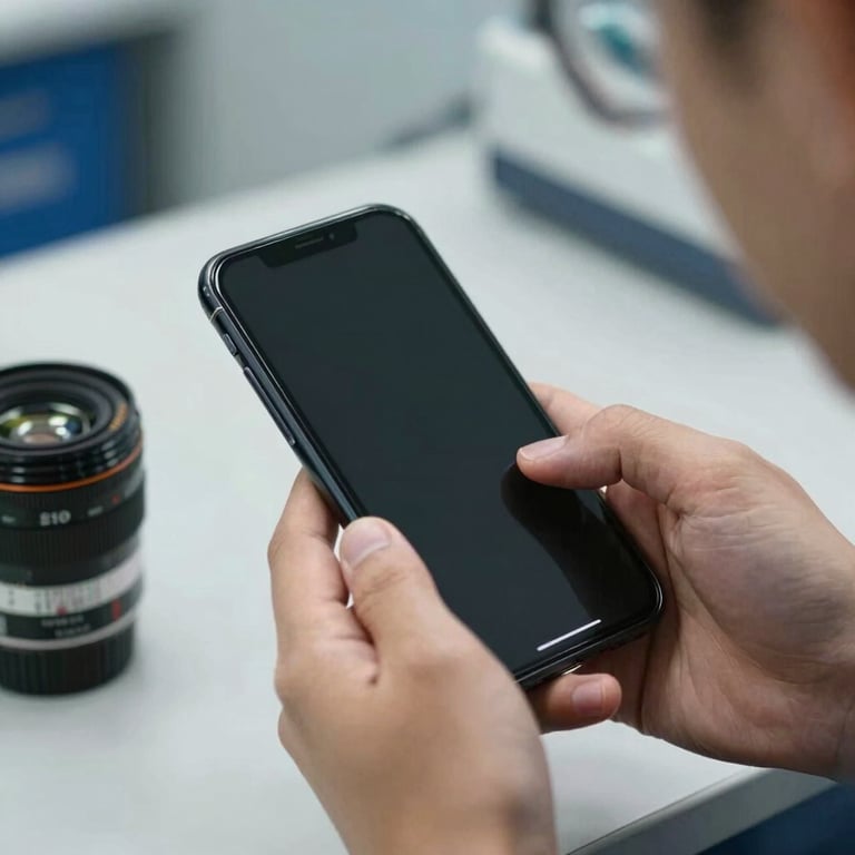 Close-up of a hand holding a mobile device during a quality control check in a clean technical environment.