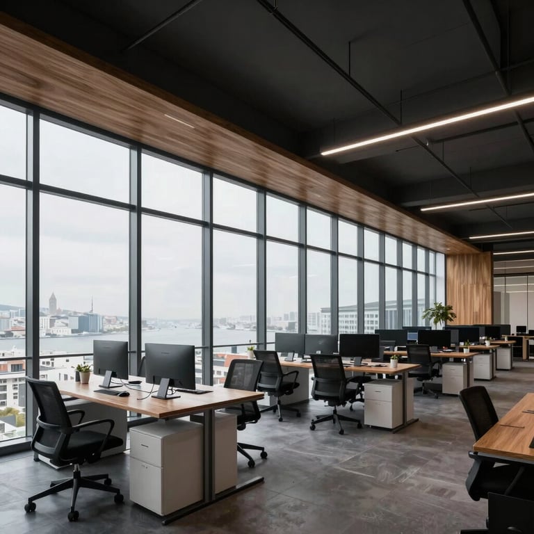 A wide-angle view of a sleek, modern IT office in Istanbul with floor-to-ceiling windows and wood accents.