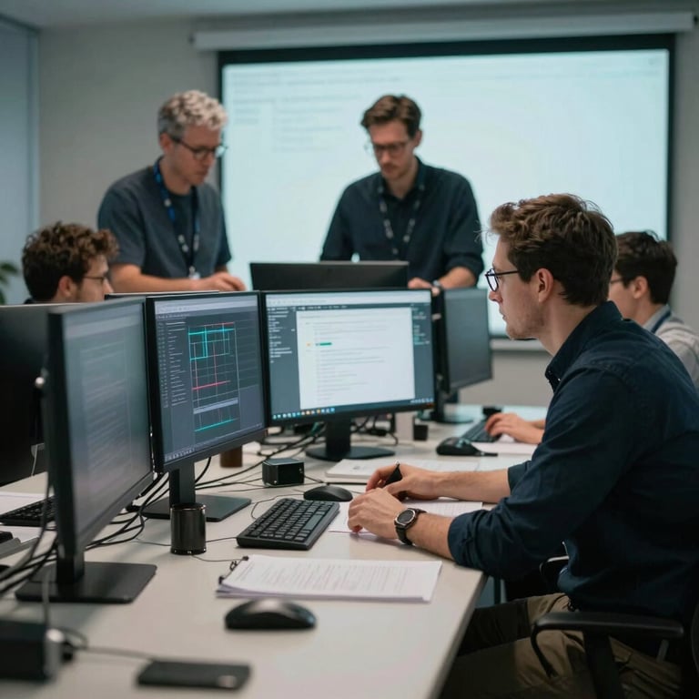 A professional team of IT specialists collaborating in a high-tech conference room with multiple displays.