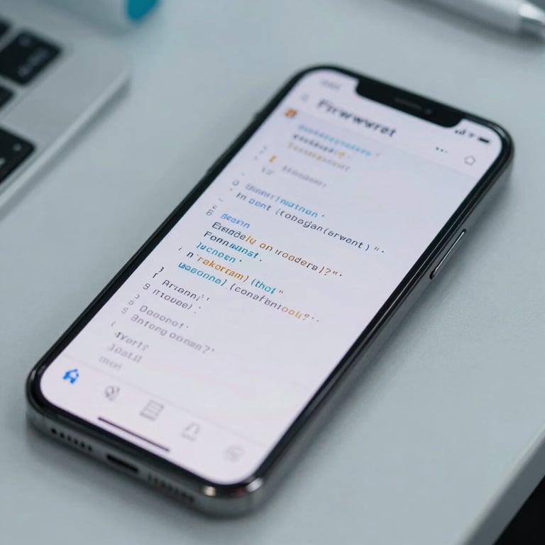 Macro photograph of a smartphone screen displaying technical firmware code in a bright lab.