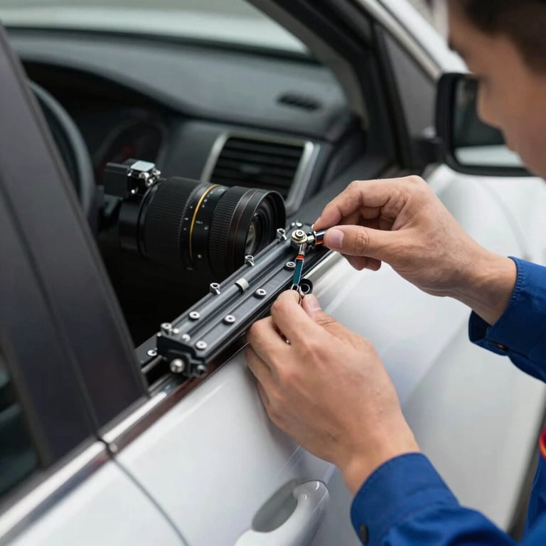 Technician repairing a power window regulator inside a car door, showcasing technical expertise.