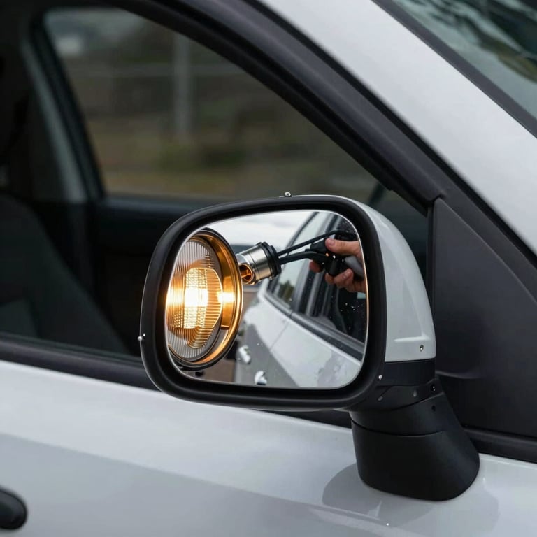 A driver-side mirror being expertly replaced on a vehicle, highlighting the power and heated glass components.
