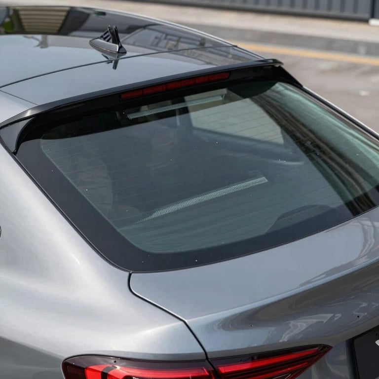 A high-quality rear windshield installation on a sedan, showcasing the clean finish and heating element details.