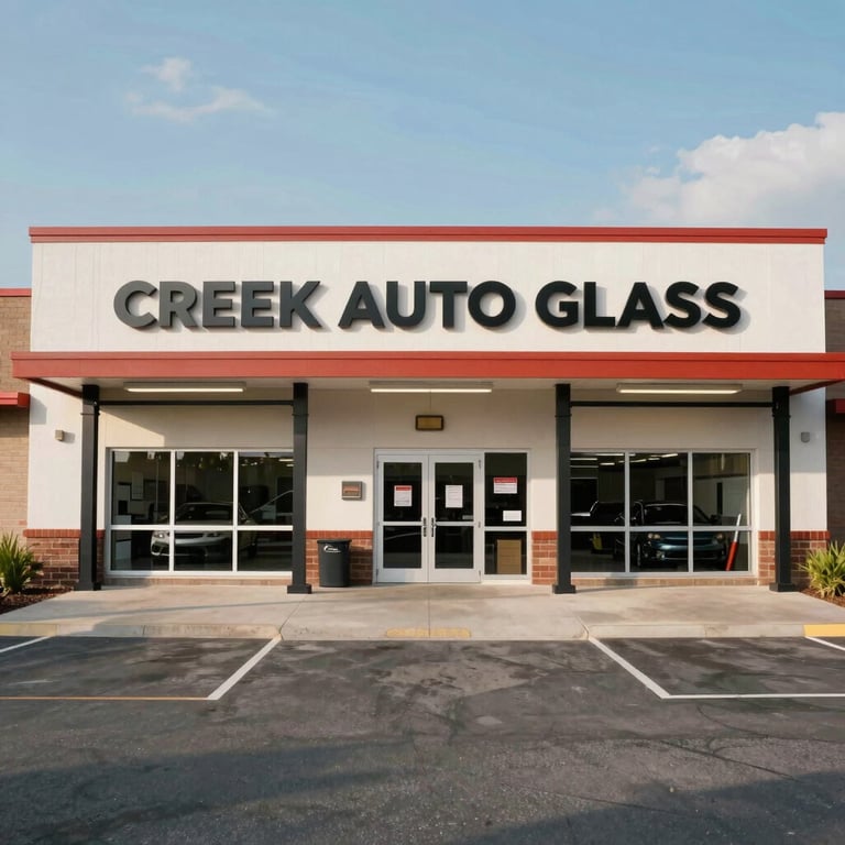 A wide shot of a clean and professional Creek Auto Glass service center in a North American suburban location.