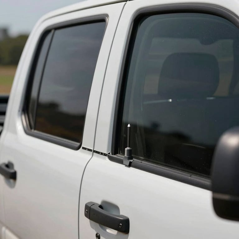 Close-up of a side window replacement on a domestic pickup truck, focusing on the precision of the fit.