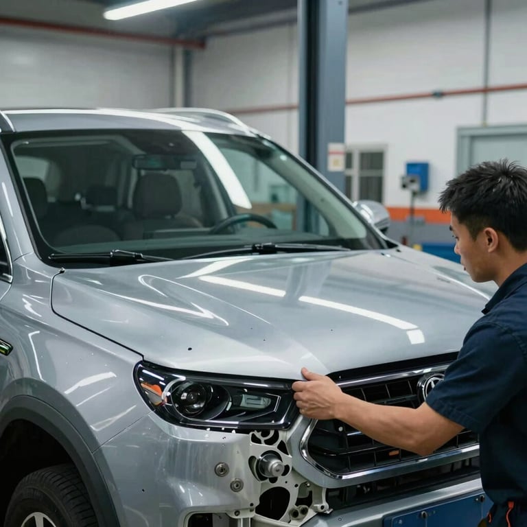 A technician lowering a new windshield into place on a modern SUV in a North American service center.