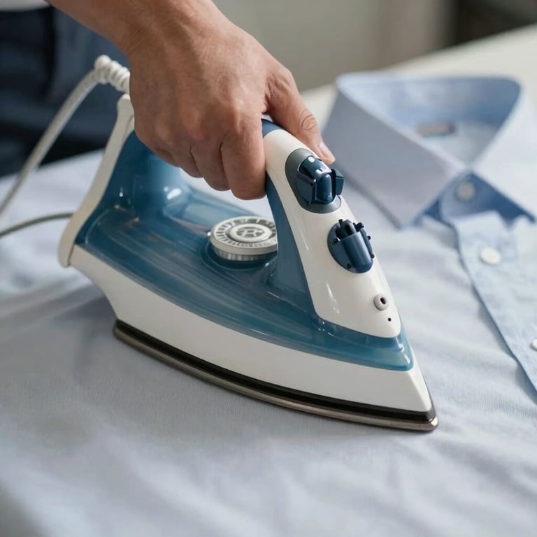 Close-up of a professional steam iron smoothing a business shirt on a clean workstation.