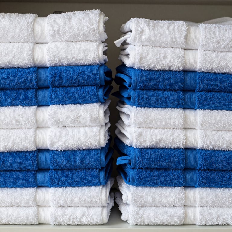 Stacks of freshly laundered, folded towels in Alice Blue and white in a clean Brazilian setting.