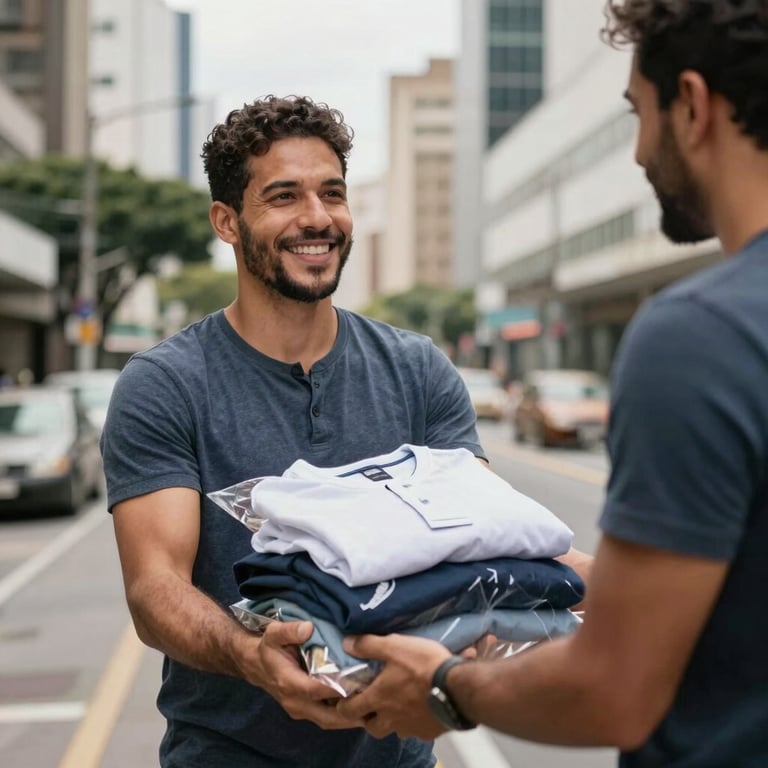 A satisfied client in a Brazilian city receiving a neatly packaged bundle of clean, fresh clothing.