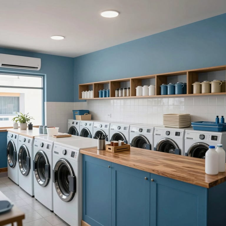 Wide shot of a modern South American laundry shop interior with organized service counters and Muted Blue decor.