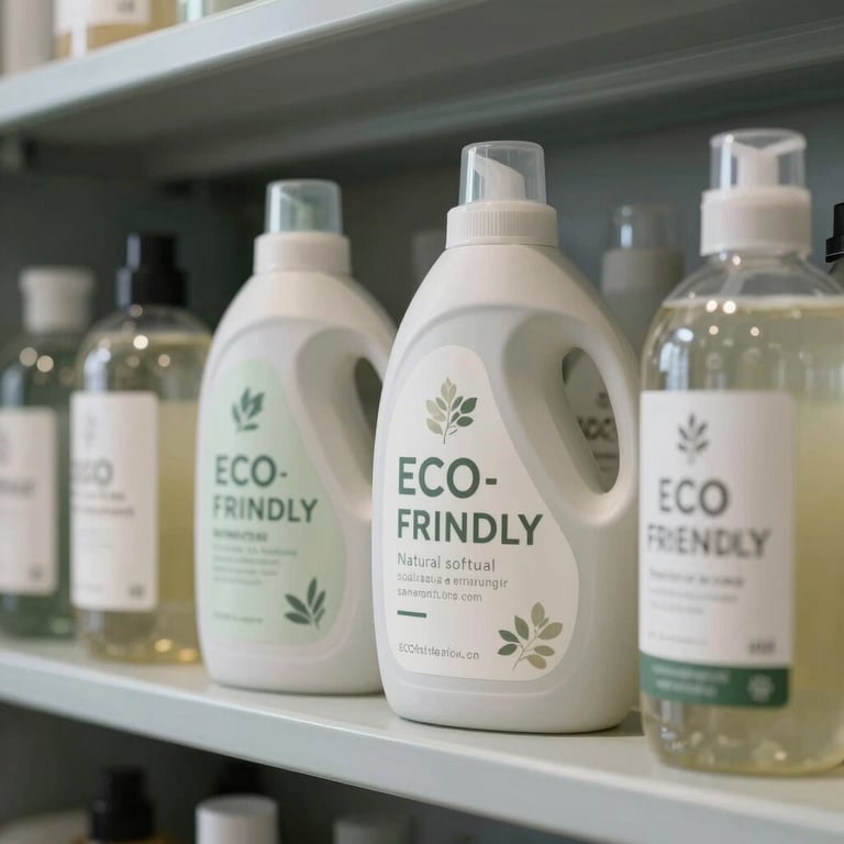 Eco-friendly detergent bottles and natural softeners on a minimalist Light Grayish Blue shelf.