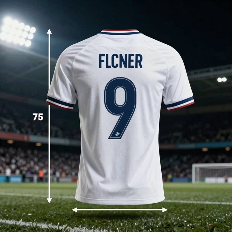 Clean graphic diagram of a football jersey showing vertical height and horizontal width measurement lines, dark background with subtle green accents