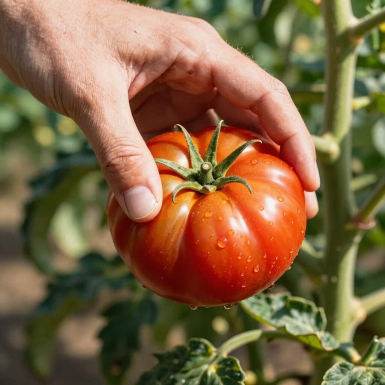 A close-up of a hand picking a Deep Ripe Crimson tomato in a sunlit North American / Western European organic farm.