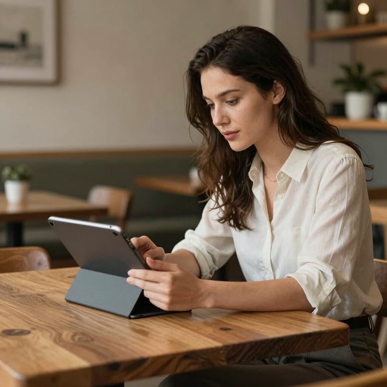 A stylish social media manager reviewing content on a tablet at a heavy oak table in a cozy, scandinavian-style cafe.