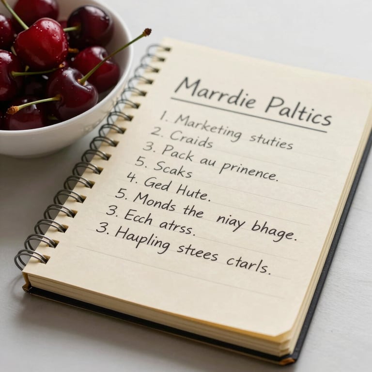 A Crisp Parchment colored notebook with handwritten marketing strategies next to a bowl of fresh cherries.