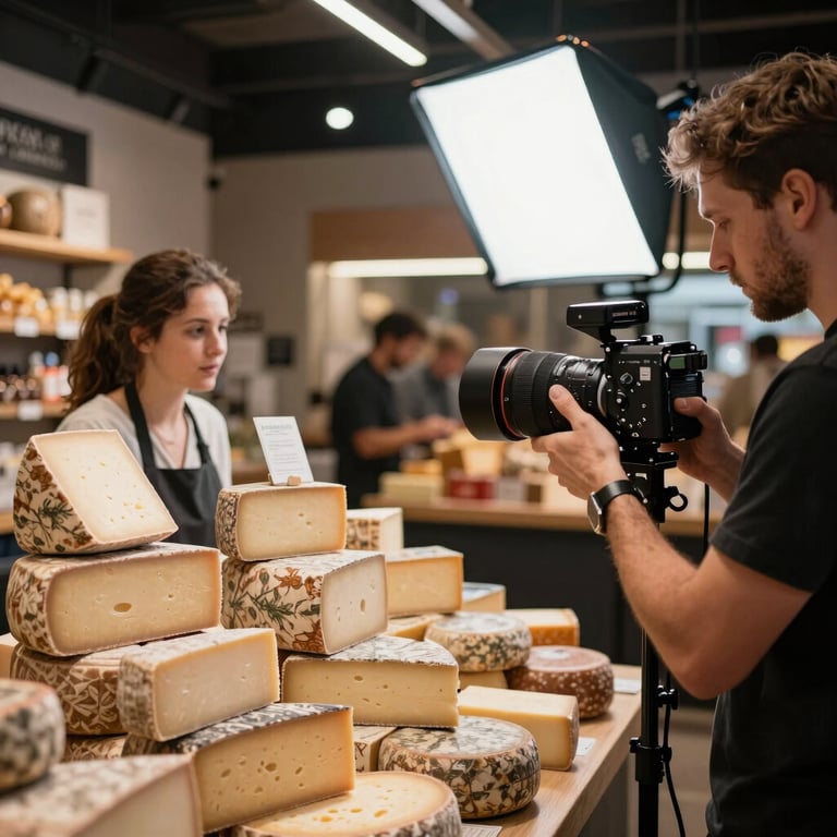 Behind-the-scenes shot of a photography lighting setup in a modern food market, capturing artisanal cheeses.