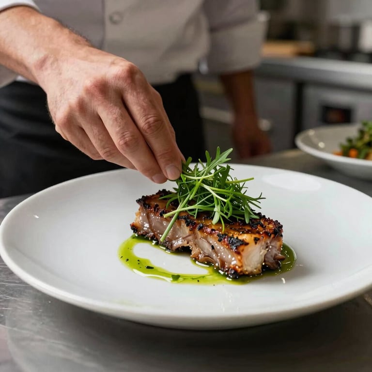 A chef in a modern kitchen plating a rustic dish with vibrant herbs, shot in a professional, sophisticated style.