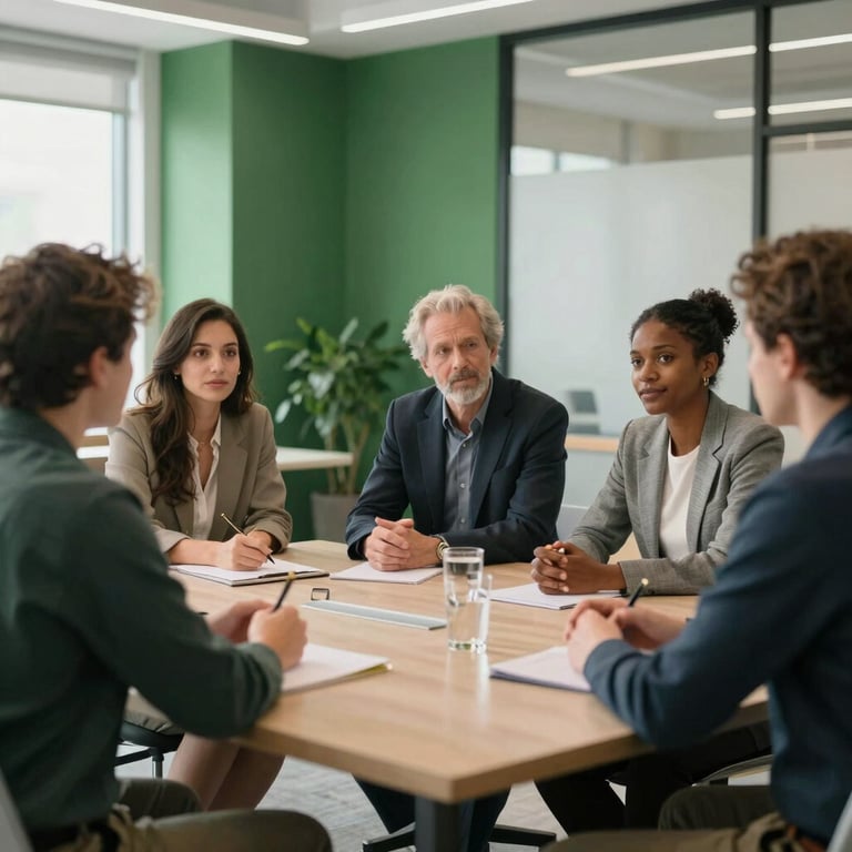 A group of diverse professionals having a down-to-earth meeting in a bright, modern office with Matte Forest Green accents.