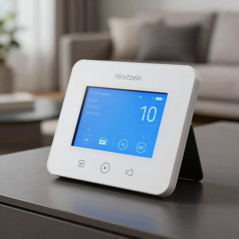 Close-up of a high-tech white smart home control panel glowing in a modern New Zealand living room setting.