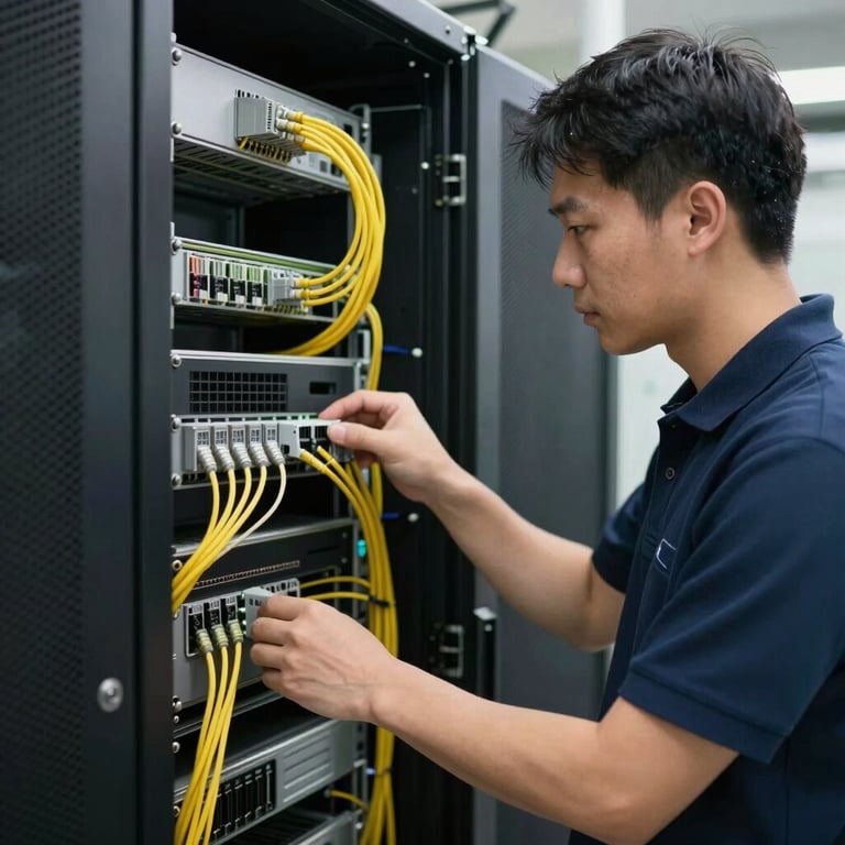 A technician in a navy blue polo shirt inspecting a neatly organized server rack with electric yellow data cables.