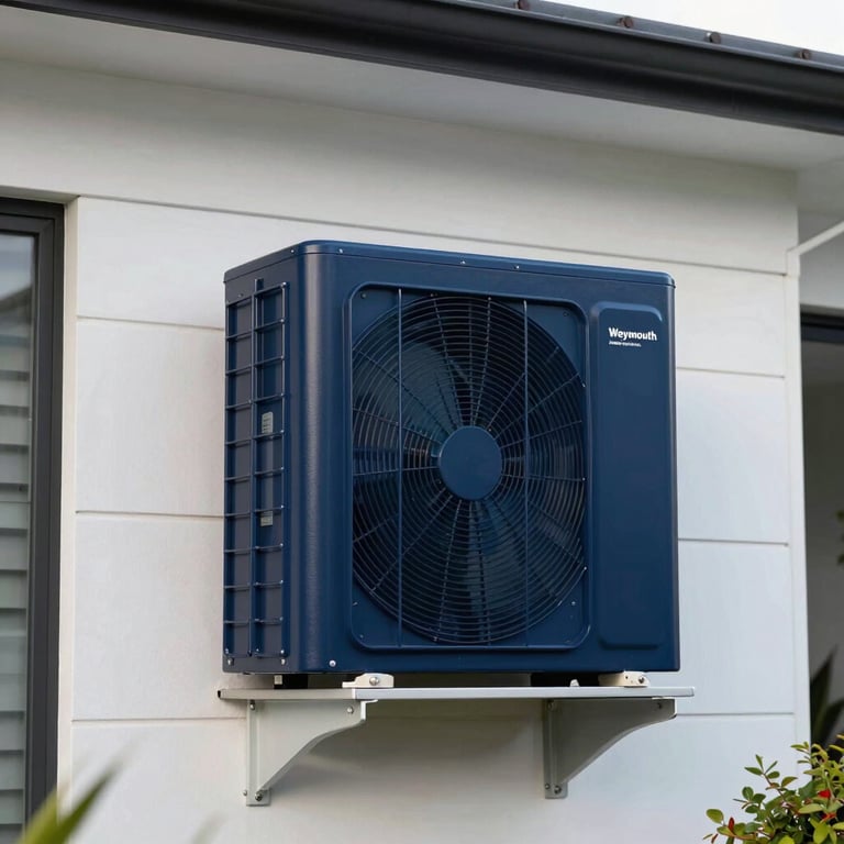 Professional shot of a navy blue HVAC unit installed on a modern white house exterior in Weymouth, Auckland.