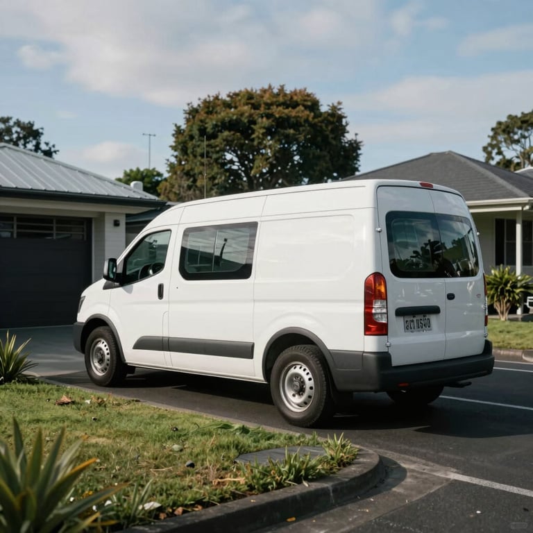Wide angle view of a suburban Auckland street with a white electrical service van parked in a driveway.