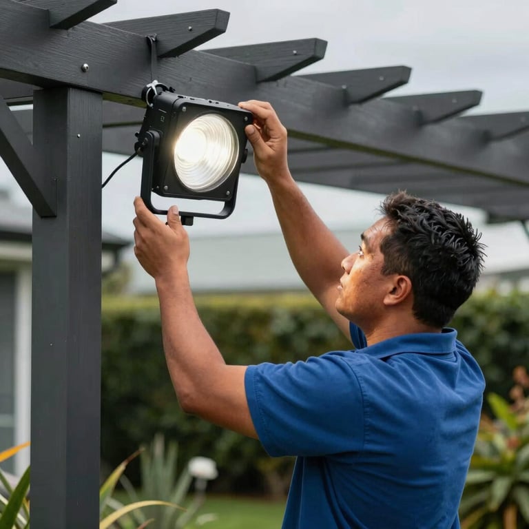 An Oceanian technician mounting a modern black floodlight onto a pergola in an Auckland residential backyard.