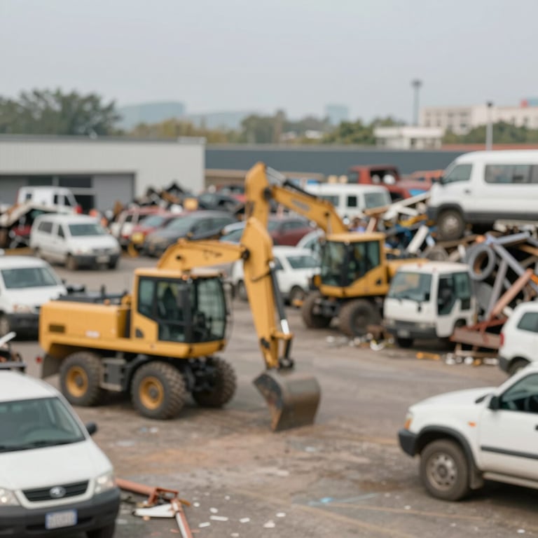 A clean scrap yard environment where vehicles are recycled responsibly, featuring professional equipment.