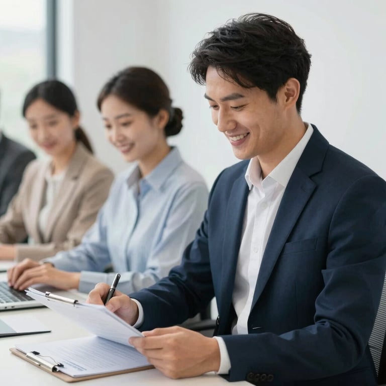 A professional team member smiling while filling out simple paperwork on a clipboard.