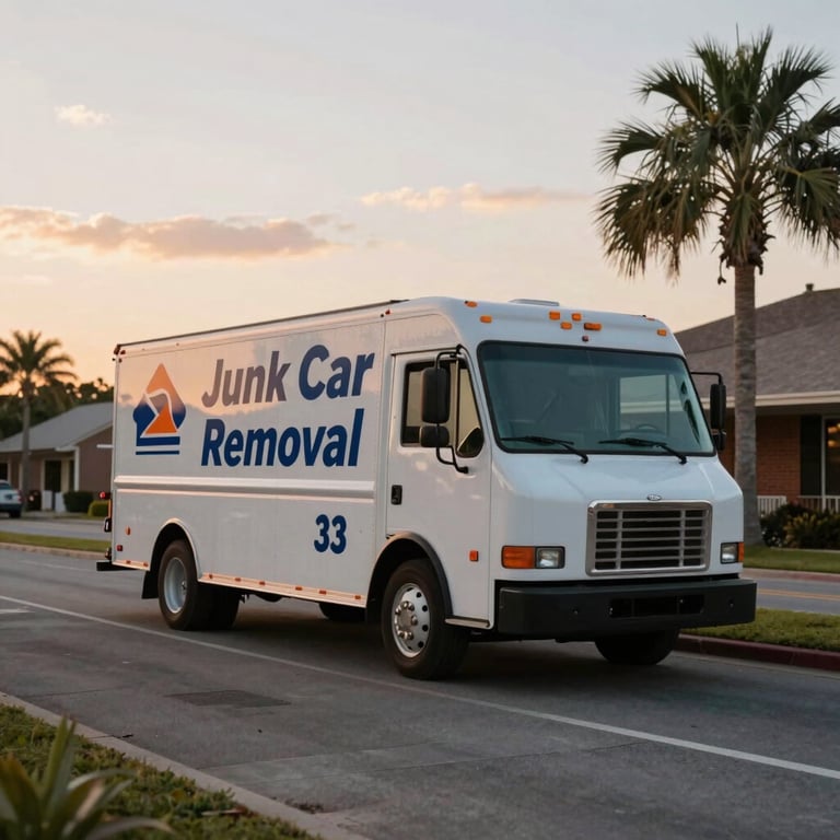 A wide shot of an Orlando street with a 'Junk Car Removal' service truck during sunset.