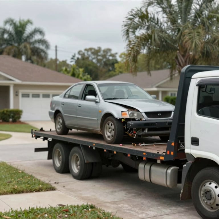 A flatbed truck loading a damaged sedan in a suburban Orlando driveway.